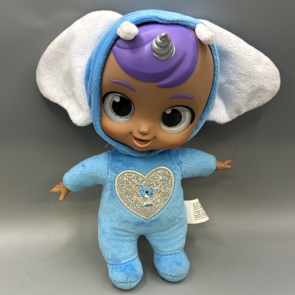 ZURU Babycorns Unicorn Baby Doll Dark Skin Silver Horn Purple Hair Blue Hood 9"